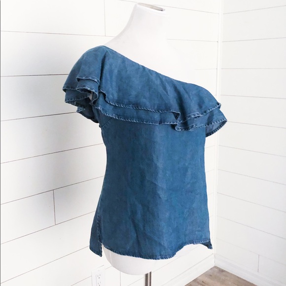 VENUS Off the Shoulder Ruffle Denim Top - Picture 3 of 5